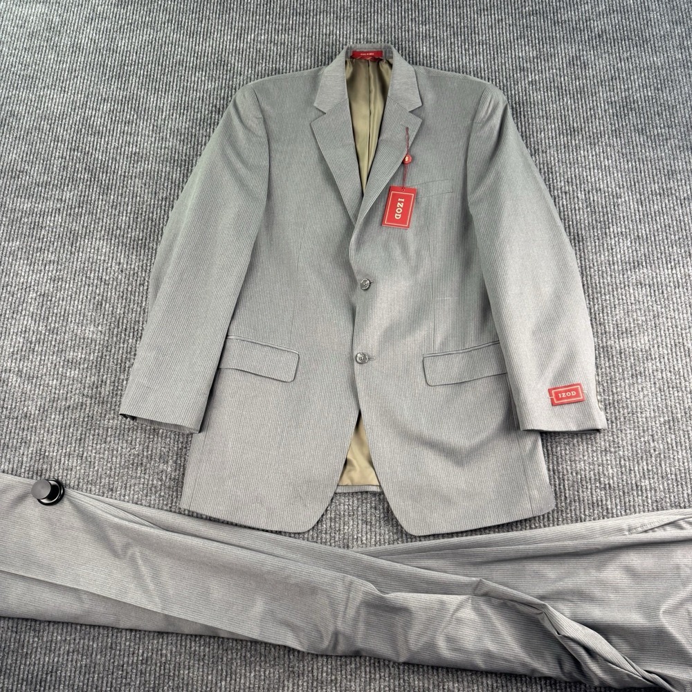 NWT IZOD Suit Men 40L Gray Stripe 2 Piece Pleated Pants 33W Unhemmed Classic